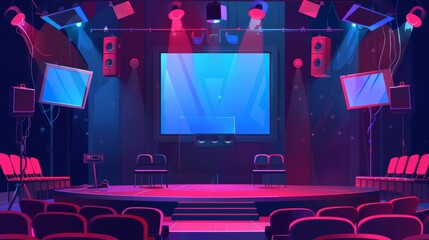 There are microphones and loudspeakers in the hall, a large screen, chairs for the jury and audience, spotlights and television cameras. Cartoon modern of an empty stage for competitions and - obrazy, fototapety, plakaty