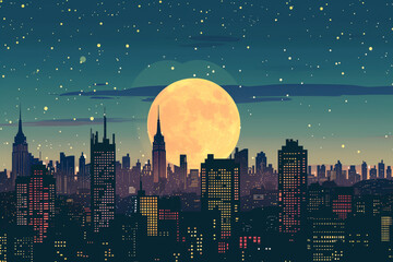 Illustration of a city skyline at night with a full moon,