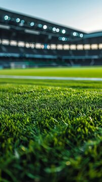 A close-up perspective of the meticulously manicured grass and white yard lines that make up the playing surface of a football field.