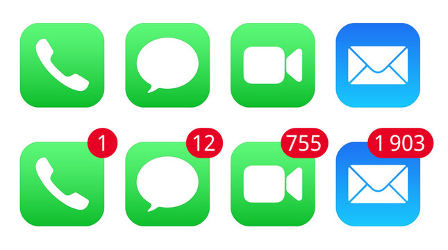 Phone, Messages, Facetime and Mail icons with new message notifications	
