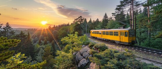 A train travels along the tracks through a captivating forest landscape, surrounded by lush greenery and bathed in the warm glow of the setting sun, creating a serene and picturesque scene. - obrazy, fototapety, plakaty