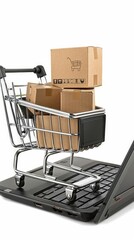 A metal shopping cart loaded with cardboard boxes sits atop a laptop, symbolizing the connection between online ordering and physical product fulfillment in the e-commerce industry.