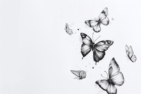 Pencil black and white drawing of flying butterflies on a white sheet