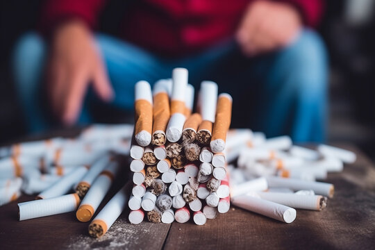Overwhelming Addiction: Person Surrounded by Piles of Cigarettes