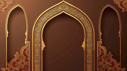 An arab frame in the form of a traditional shape window for the header and text congratulation. A realistic modern illustration set of brown arch border decoration with golden accents. - obrazy, fototapety, plakaty