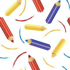 Vector pattern of colored pencils, dashes, sticks, strokes. Seamless texture, yellow, red, blue colors. For printing on fabric, paper, covers of diaries and notepads, wallpaper for walls.