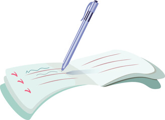 open notebook with notes and a ballpoint pen ready for writing. Vector illustration, hand drawn. Office or school decorations, goods for business, for the design of important events, presentations.