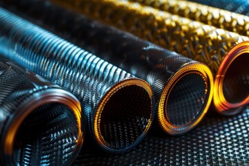 A dynamic display of various nanofabric rolls ready for industrial use, with a focus on strength and flexibility , Prime Lenses