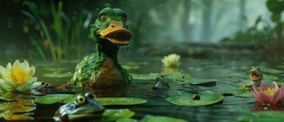 Fototapeta premium A friendly zombie duck waddling in a pond, surrounded by lily pads, with frogs and fish unfazed by its undead state , studio lighting