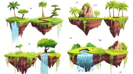Modern illustration of floating islands with green grass, tropical rainforest plants, rocky cliffs, a river stream with waterfall and a rocky cliff for video game UI level jump concept.