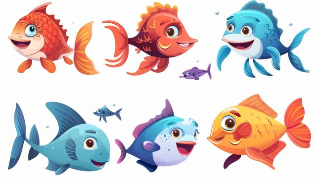 Cartoon fish with fins and smiling lips. Modern illustration set showing sea or ocean animals. Underwater animal habitats for marine aquariums.