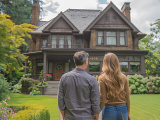 Fototapeta na wymiar A married couple stand on a lot near a beautiful house deciding whether to rent, or buy the property. Copy space.