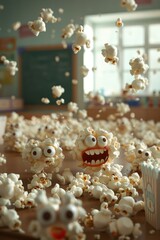 A group of cute popcorn characters in a 3Drendered classroom, one causing mischief by throwing popcorn , Hyper realistic