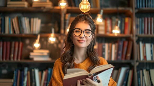 female student with books in the library and a bright light bulb above her head as a symbol of a brilliant idea.AI generated image
