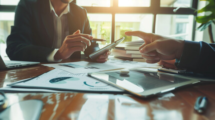 Realtor and client buyer at the table sign documents to buy or sell a home, real estate.