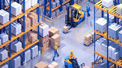 A dynamic warehouse scene, where workers in safety gear are efficiently organizing boxes, driving forklifts, and checking inventories. The vast shelves are stacked high with products