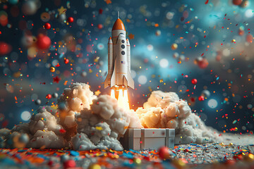 space shuttle launch with gift box  confetti blur bokeh smoke clouds  - obrazy, fototapety, plakaty