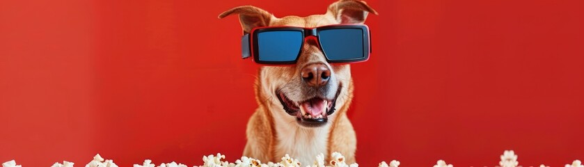 A humorous image of a dog wearing 3D glasses, eating popcorn, hinting at a fun and relaxed movie time with pets , Prime Lenses
