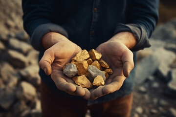 Top view miner holds gold palm, concept mining ora industry. - obrazy, fototapety, plakaty
