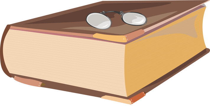 Vector thick educational book, ancient scripture, vector illustration of a book in a hard brown cover and professor's glasses. The picture is hand drawn, for the design of school, college, board games