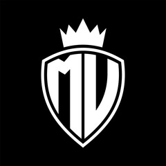 MU Letter monogram shield and crown outline shape with black and white color design