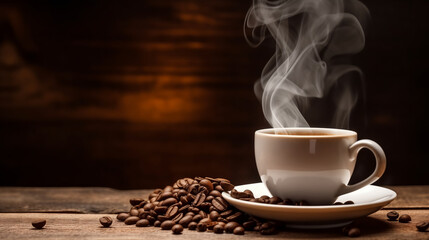 Banner steaming cup of coffee with scattered roasted beans, evoking warmth and aroma.