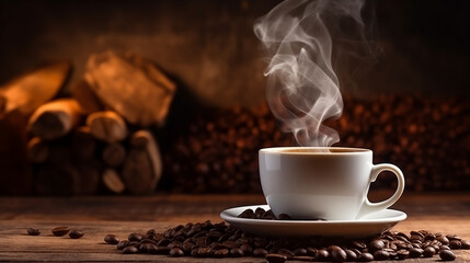 Banner steaming cup of coffee with scattered roasted beans, evoking warmth and aroma. - obrazy, fototapety, plakaty