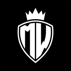 MW Letter monogram shield and crown outline shape with black and white color design