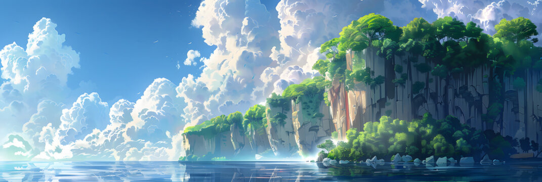 a digital painting of a cliff in the middle of a body of water with a lush green forest on the edge of the cliff and a cloudy blue sky with white clouds.