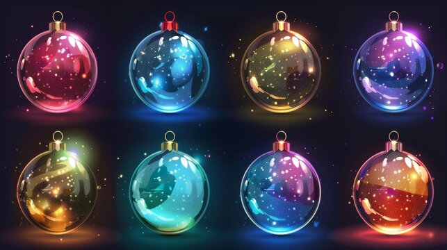 Christmas tree glass globe decorations with bright sparkles. Realistic modern illustration of sparkling Xmas balls. New Year's crystal ball with twinkles. Winter holiday round bubble ornaments and