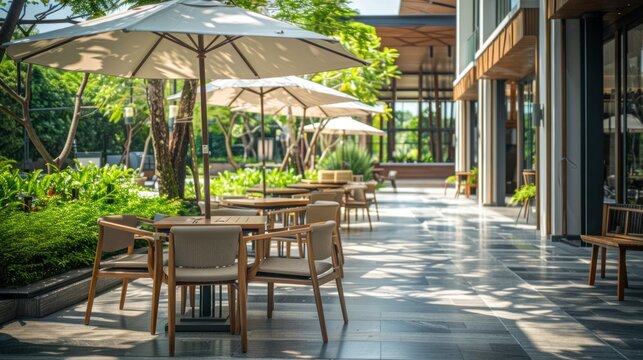 Restaurant cafe table with chairs and umbrella with luxury building.AI generated image