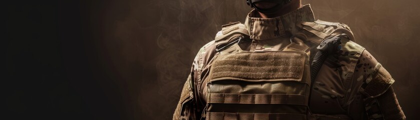 A soldier wearing a nanoenhanced bulletproof vest, showcasing durability and lightweight design in action , studio lighting - obrazy, fototapety, plakaty