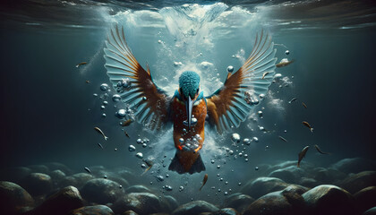 A hyperrealistic image of a kingfisher bird in the midst of a dynamic dive underwater in a lake