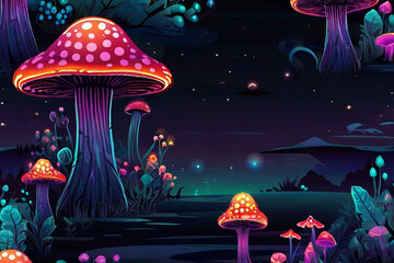 Dive into a fantasy landscape featuring isolated vector-style illustration of neon mushrooms, adding an otherworldly allure to your designs - obrazy, fototapety, plakaty