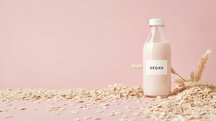 Close up bottle of oatmeal milk with a "VEGAN" label surrounded by oatmeal nearby on a wooden table on a plain light background with copyspace