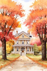 Watercolor painting of a Victorian house among vibrant autumn trees