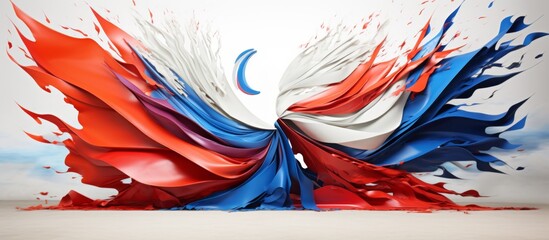 Close-up view of an artwork featuring red, white, and blue colors with a prominent blue circle in the center