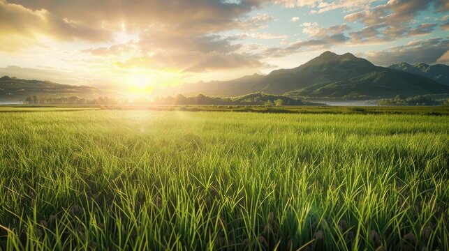 Green fields at sunset.AI generated image