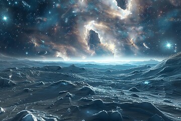 Create a visually stunning 3D rendering of a cosmic landscape with endless copy space for advertising purposes