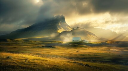 Dramatic mountain view with sunlight shining through clouds .AI generated image - obrazy, fototapety, plakaty