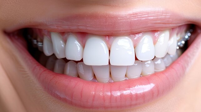Close-up of a radiant smile adorned with braces, showcasing dental transformation and confidence