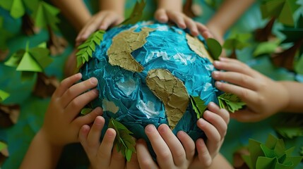 Handmade Earth Model Held by Children's Hands - 774165760