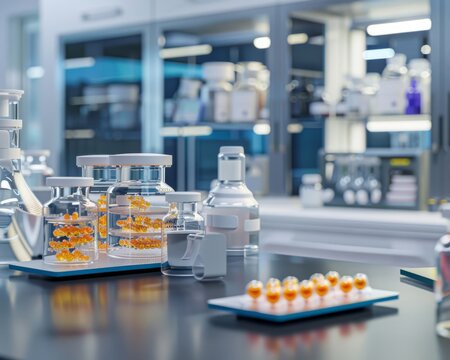Clinical trial phases visualized through digital models medication samples in focus