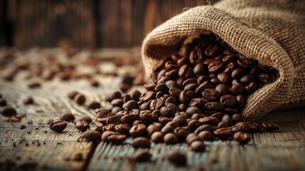 A close-up shot of coffee beans pouring out of a weathered burlap sack onto a rustic wooden table