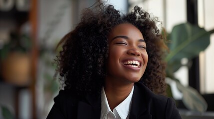 A candid real photo capturing the infectious laughter of a young, professional businesswoman - obrazy, fototapety, plakaty