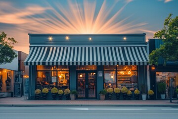 Charming small business restaurant with striped awning, against the background of the setting sun