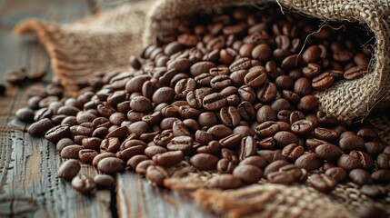 A close-up shot of coffee beans pouring out of a weathered burlap sack onto a rustic wooden table - obrazy, fototapety, plakaty