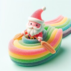 a cute santa shipper riding a boat made of pastel color rainbow gummy candy on a white background - obrazy, fototapety, plakaty