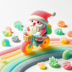 Fototapeta premium a cute santa riding a bicyle made of pastel color rainbow gummy candy on a white background