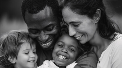 black african fathee with wife smile and hugging each other , diversity multi racial family hapinnes black and white photo